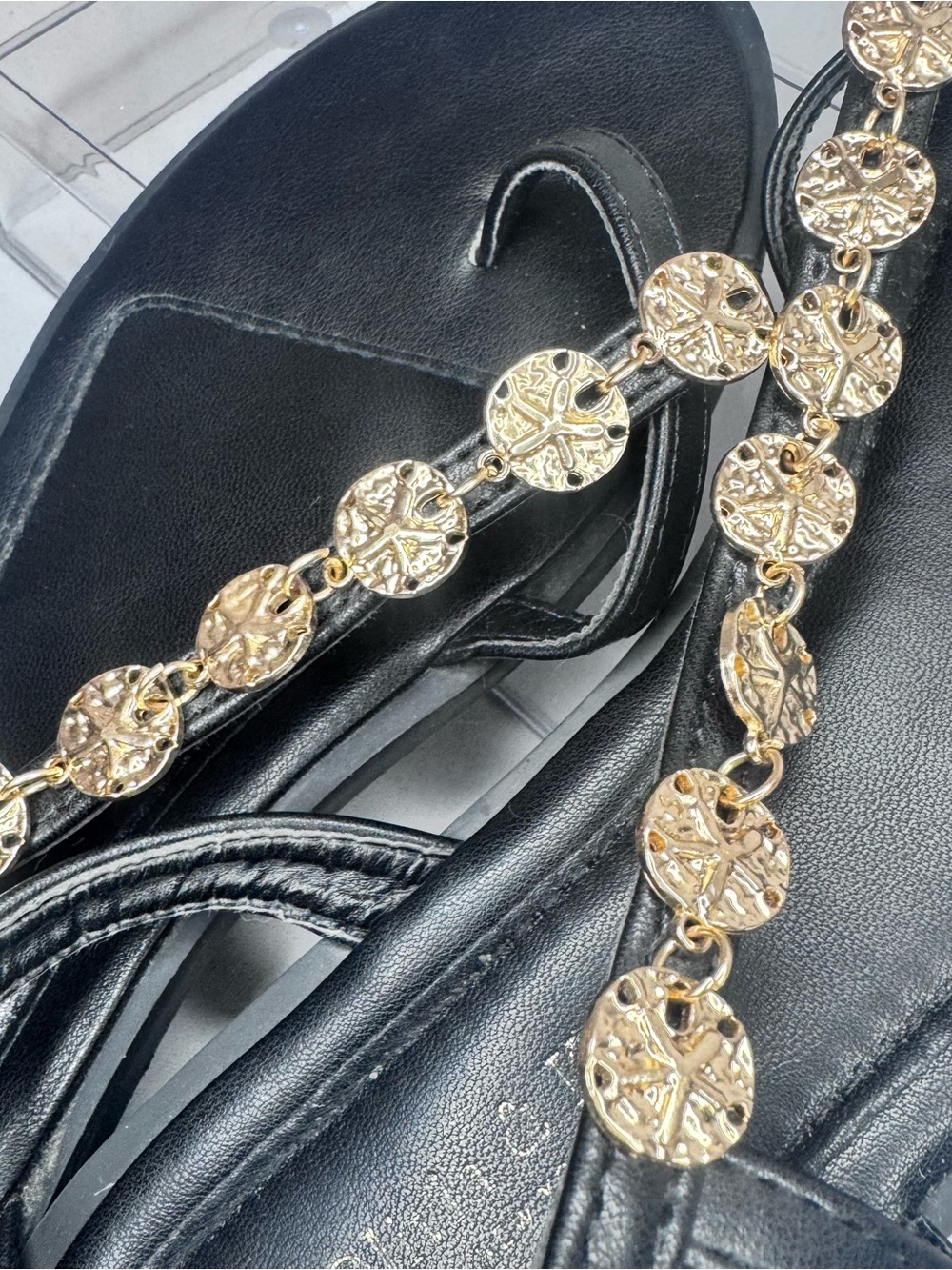 Olivia & Kate NY Coin Embellished Flat Thong Sandals Black - Picture 3 of 6